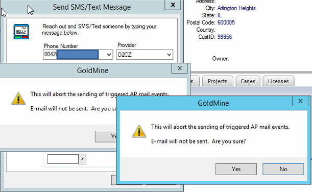 Error Message When Trying To Send A Sms Text Message This Will Abort The Sending Of Triggered Ap Mail Events E Mail Will Not Be Sent Are You Sure