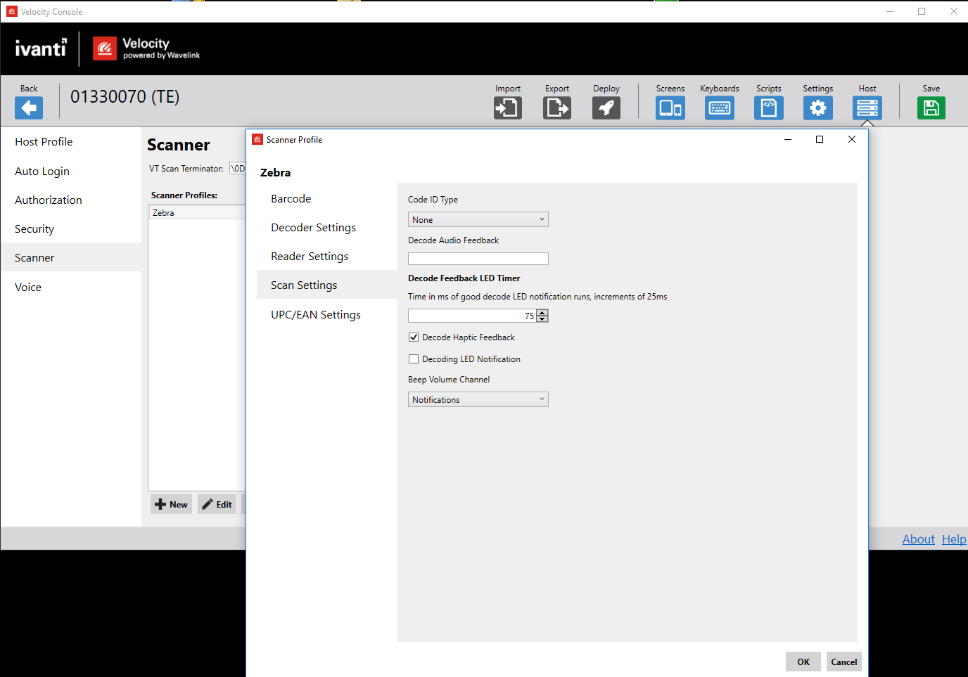 Zebra Scanner Profile Scan Settings