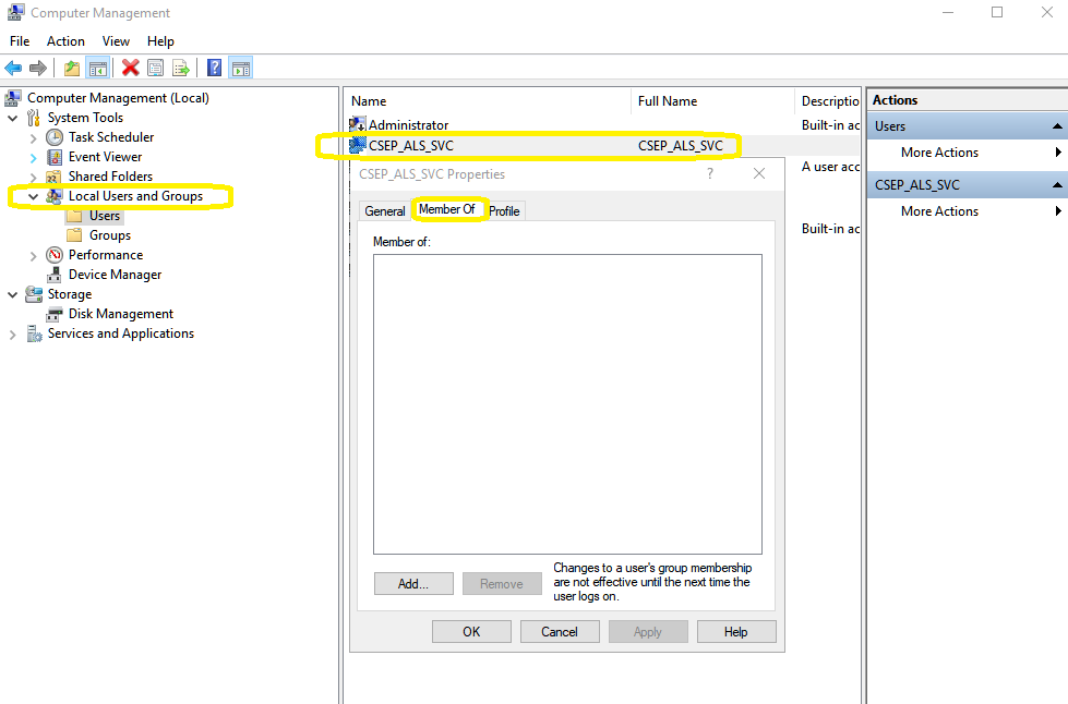 About the local user account CSEP_ALS_SVC in Self Electing