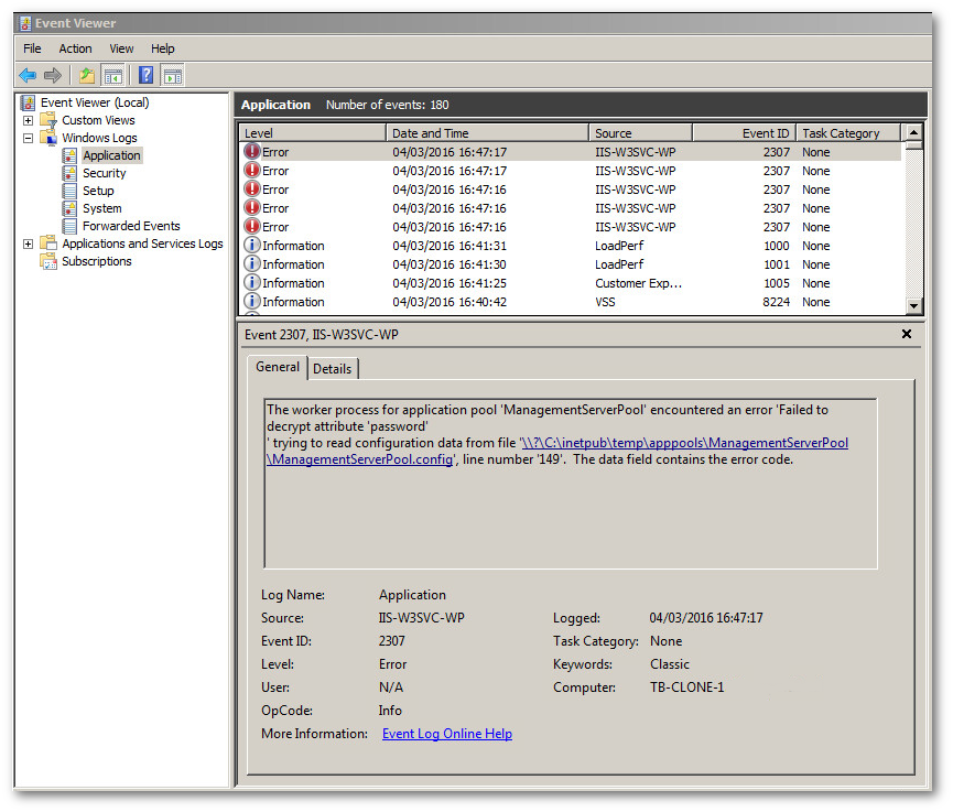 IIS error after cloning a server and running SysPrep