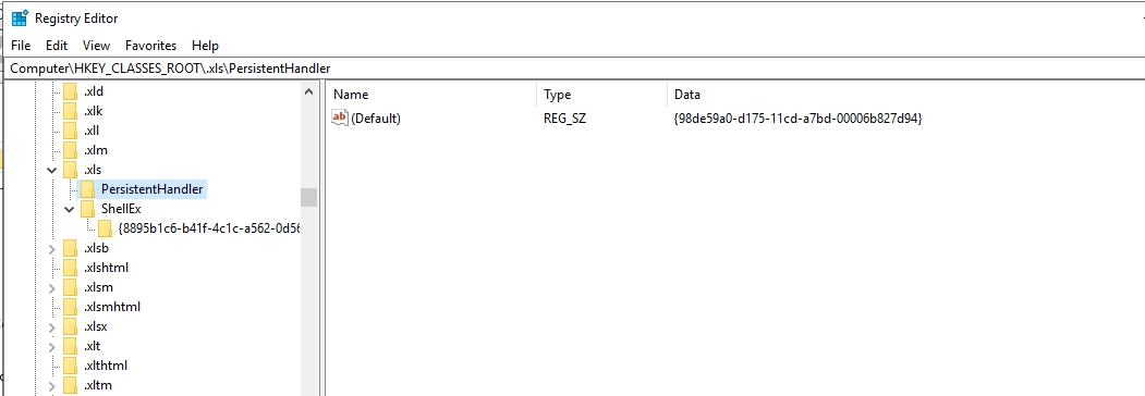 Cannot Find Registration Entry For: .xls Auto File\shell\open When 