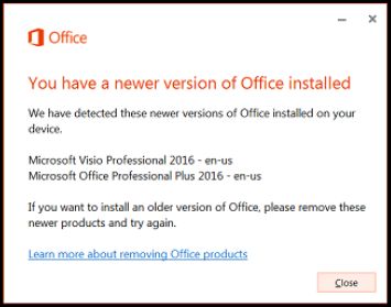 Output to: Excel...' from the Contact Search Center shows the following  error - 'We have detected a newer version of Office installed on your  device.' after upgrading to Office 2016