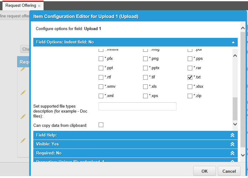 How to get the Request Offering to Upload more attachment types (.pdf, etc)
