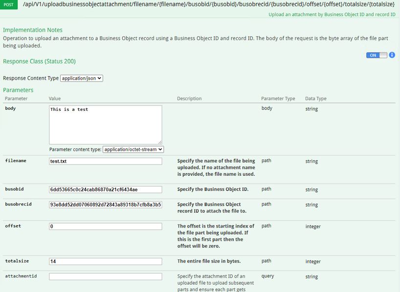 Uploading attachments via the Swagger API interface fails.