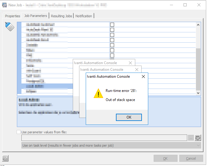 Runtime error 28 out of stack space when running specific Ivanti