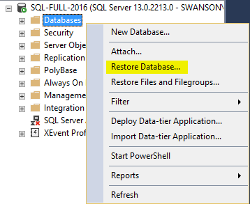 restore database databases select then right