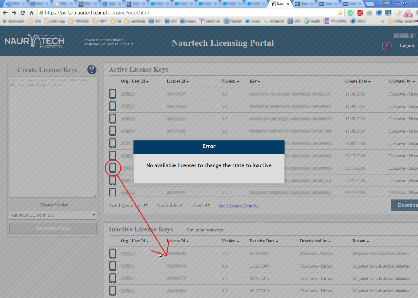 "No available licenses to change the state to inactive" when moving a