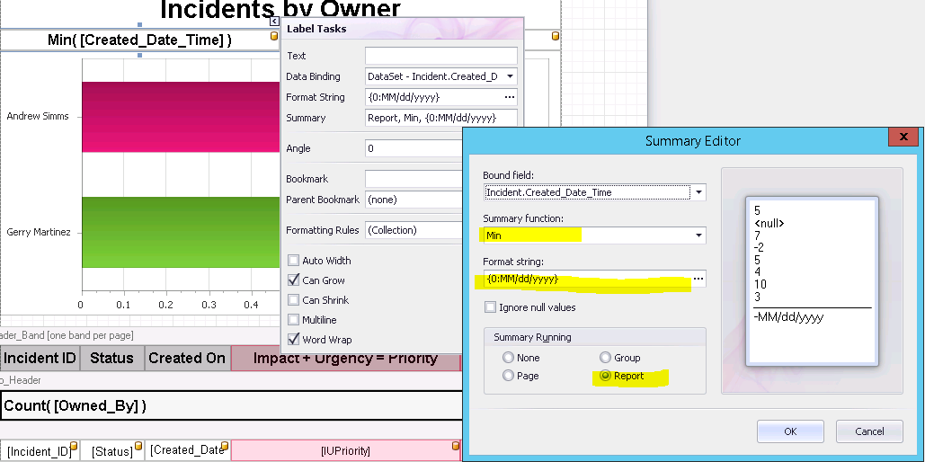 How to add a created date time min and max to a report.